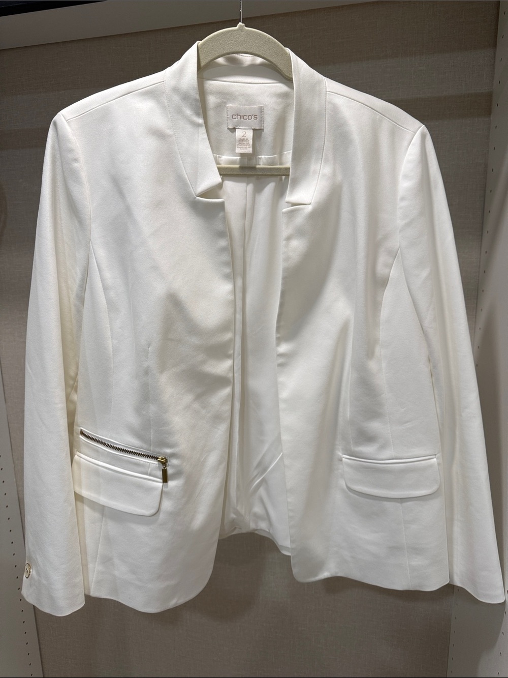 Chico's Cream Open-Front Blazer with Gold Zip Detail